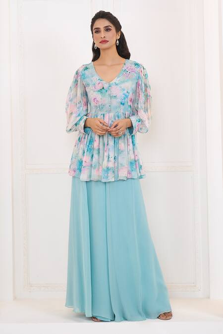 Buy Aariyana Couture Blue Viscose, Georgette Embroidery V-neck Lily Print Peplum Top And Palazzo Set Online at Aza Fashions Buy_Aariyana Couture_Blue Viscose, Georgette Embroidery V-neck Lily Print Peplum Top And Palazzo Set_Online_at_Aza_Fashions