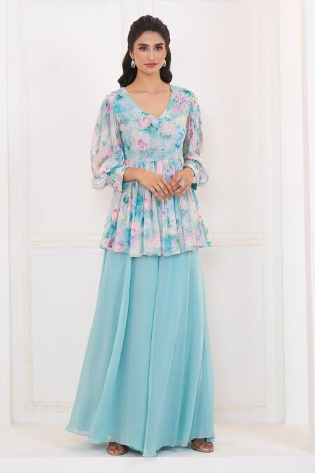 Shop Aariyana Couture Blue Viscose, Georgette Embroidery V-neck Lily Print Peplum Top And Palazzo Set Online at Aza Fashions Shop_Aariyana Couture_Blue Viscose, Georgette Embroidery V-neck Lily Print Peplum Top And Palazzo Set_Online_at_Aza_Fashions