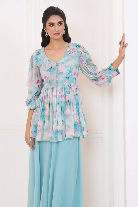 Aariyana Couture Blue Viscose, Georgette Embroidery V-neck Lily Print Peplum Top And Palazzo Set at Aza Fashions Aariyana Couture_Blue Viscose, Georgette Embroidery V-neck Lily Print Peplum Top And Palazzo Set_at_Aza_Fashions