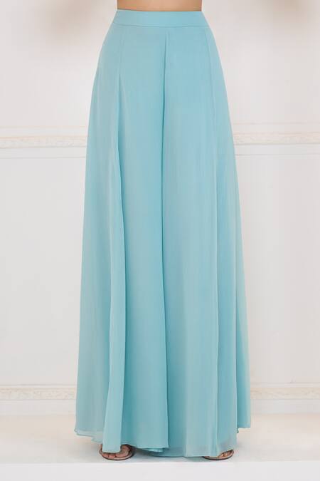 Buy Aariyana Couture Blue Viscose, Georgette Embroidery V-neck Lily Print Peplum Top And Palazzo Set Buy_Aariyana Couture_Blue Viscose, Georgette Embroidery V-neck Lily Print Peplum Top And Palazzo Set