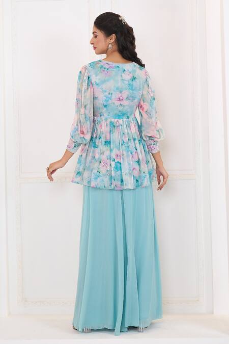 Shop Aariyana Couture Blue Viscose, Georgette Embroidery V-neck Lily Print Peplum Top And Palazzo Set at Aza Fashions Shop_Aariyana Couture_Blue Viscose, Georgette Embroidery V-neck Lily Print Peplum Top And Palazzo Set_at_Aza_Fashions