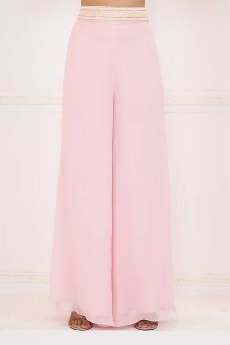 Shop_Aariyana Couture_Peach Georgette, Organza, Viscose, Net Ruffle Jacket With Light Flared Pant Set_Online_at_Aza_Fashions