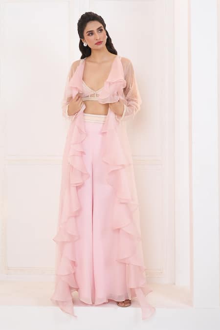 Aariyana Couture_Peach Georgette, Organza, Viscose, Net Ruffle Jacket With Light Flared Pant Set_at_Aza_Fashions