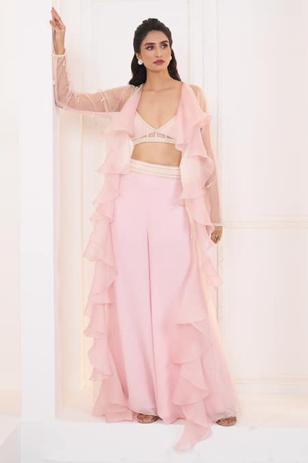 Buy_Aariyana Couture_Peach Georgette, Organza, Viscose, Net Ruffle Jacket With Light Flared Pant Set