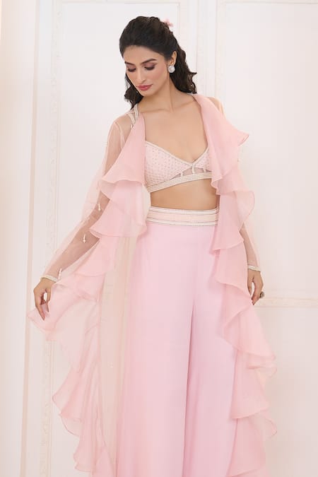 Shop_Aariyana Couture_Peach Georgette, Organza, Viscose, Net Ruffle Jacket With Light Flared Pant Set