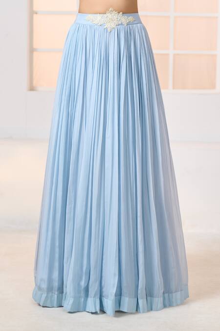 Aariyana Couture_Blue Organza, Modal Embroidery, Beads Plunge Neck Draped Bustier And Skirt Set_at_Aza_Fashions