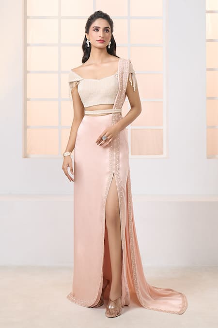 Shop Aariyana Couture Peach Modal, Satin, Silk High Slit Pre-draped Saree With Embroidered Bustier Online at Aza Fashions Shop_Aariyana Couture_Peach Modal, Satin, Silk High Slit Pre-draped Saree With Embroidered Bustier_Online_at_Aza_Fashions