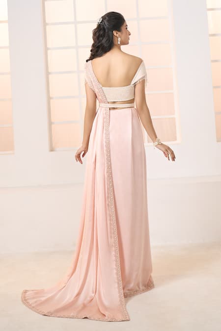 Shop Aariyana Couture Peach Modal, Satin, Silk High Slit Pre-draped Saree With Embroidered Bustier at Aza Fashions Shop_Aariyana Couture_Peach Modal, Satin, Silk High Slit Pre-draped Saree With Embroidered Bustier_at_Aza_Fashions