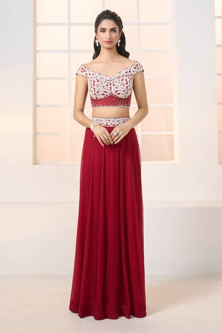 Shop Aariyana Couture Red Chiffon, Denim, Net Embroidery, Beads Off-shoulder Off Bustier Lehenga Set Online at Aza Fashions Shop_Aariyana Couture_Red Chiffon, Denim, Net Embroidery, Beads Off-shoulder Off Bustier Lehenga Set _Online_at_Aza_Fashions