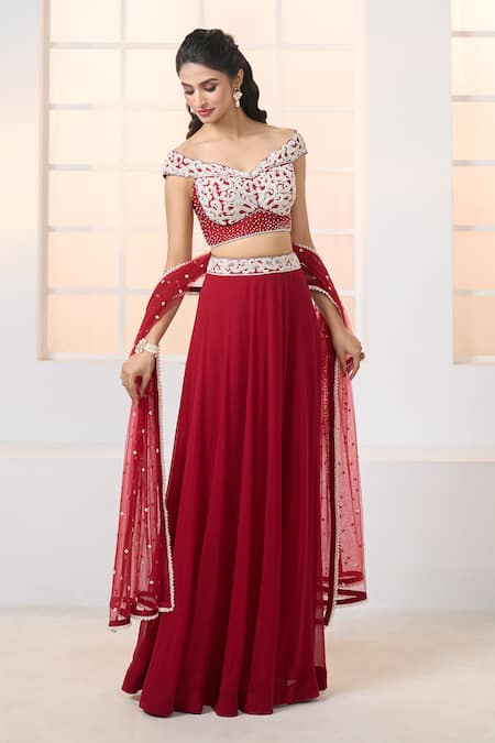 Buy Aariyana Couture Red Chiffon, Denim, Net Embroidery, Beads Off-shoulder Off Bustier Lehenga Set Buy_Aariyana Couture_Red Chiffon, Denim, Net Embroidery, Beads Off-shoulder Off Bustier Lehenga Set