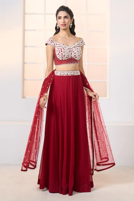 Shop Aariyana Couture Red Chiffon, Denim, Net Embroidery, Beads Off-shoulder Off Bustier Lehenga Set Shop_Aariyana Couture_Red Chiffon, Denim, Net Embroidery, Beads Off-shoulder Off Bustier Lehenga Set