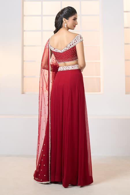 Aariyana Couture Red Chiffon, Denim, Net Embroidery, Beads Off-shoulder Off Bustier Lehenga Set Online at Aza Fashions Aariyana Couture_Red Chiffon, Denim, Net Embroidery, Beads Off-shoulder Off Bustier Lehenga Set _Online_at_Aza_Fashions