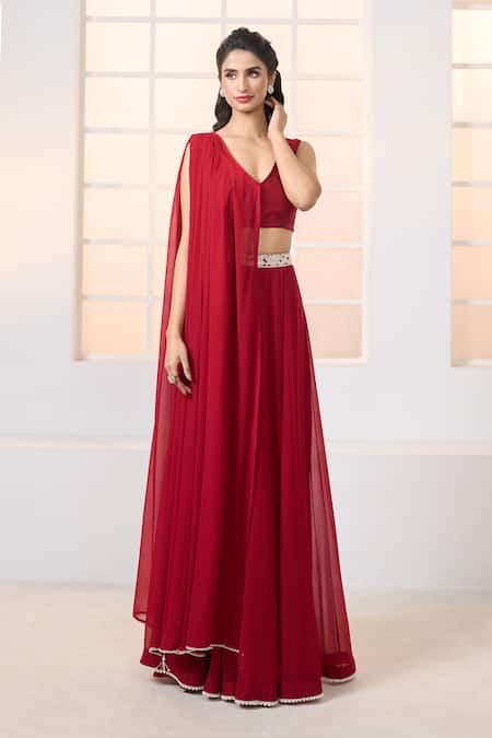 Buy Aariyana Couture Red Chiffon, Silk Embroidery, Tassels Asymmetric Draped And Bustier With Lehenga Online at Aza Fashions Buy_Aariyana Couture_Red Chiffon, Silk Embroidery, Tassels Asymmetric Draped And Bustier With Lehenga _Online_at_Aza_Fashions