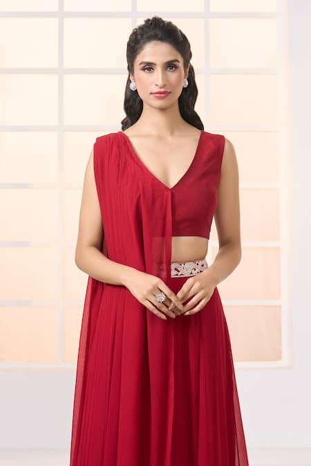 Shop Aariyana Couture Red Chiffon, Silk Embroidery, Tassels Asymmetric Draped And Bustier With Lehenga Online at Aza Fashions Shop_Aariyana Couture_Red Chiffon, Silk Embroidery, Tassels Asymmetric Draped And Bustier With Lehenga _Online_at_Aza_Fashions