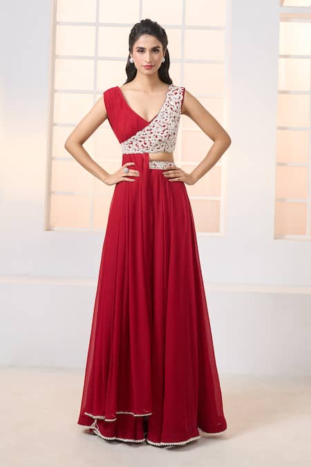 Aariyana Couture Red Chiffon, Silk Embroidery, Tassels Asymmetric Draped And Bustier With Lehenga at Aza Fashions Aariyana Couture_Red Chiffon, Silk Embroidery, Tassels Asymmetric Draped And Bustier With Lehenga _at_Aza_Fashions
