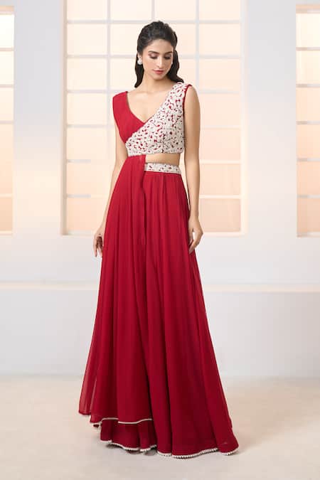 Buy Aariyana Couture Red Chiffon, Silk Embroidery, Tassels Asymmetric Draped And Bustier With Lehenga Buy_Aariyana Couture_Red Chiffon, Silk Embroidery, Tassels Asymmetric Draped And Bustier With Lehenga