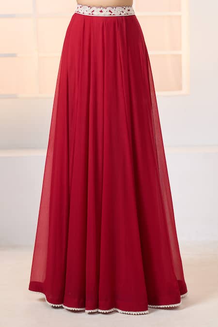 Shop Aariyana Couture Red Chiffon, Silk Embroidery, Tassels Asymmetric Draped And Bustier With Lehenga Shop_Aariyana Couture_Red Chiffon, Silk Embroidery, Tassels Asymmetric Draped And Bustier With Lehenga