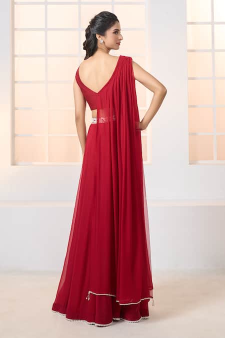 Aariyana Couture Red Chiffon, Silk Embroidery, Tassels Asymmetric Draped And Bustier With Lehenga Online at Aza Fashions Aariyana Couture_Red Chiffon, Silk Embroidery, Tassels Asymmetric Draped And Bustier With Lehenga _Online_at_Aza_Fashions