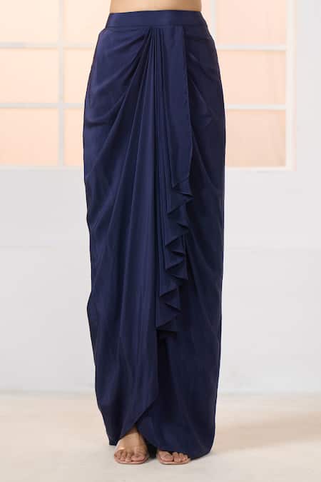 Aariyana Couture_Blue Crepe Embroidery, Sequins, Tassels, Floral Jacket With Draped Skirt Set_Online_at_Aza_Fashions