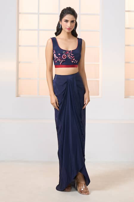 Buy_Aariyana Couture_Blue Crepe Embroidery, Sequins, Tassels, Floral Jacket With Draped Skirt Set_Online_at_Aza_Fashions