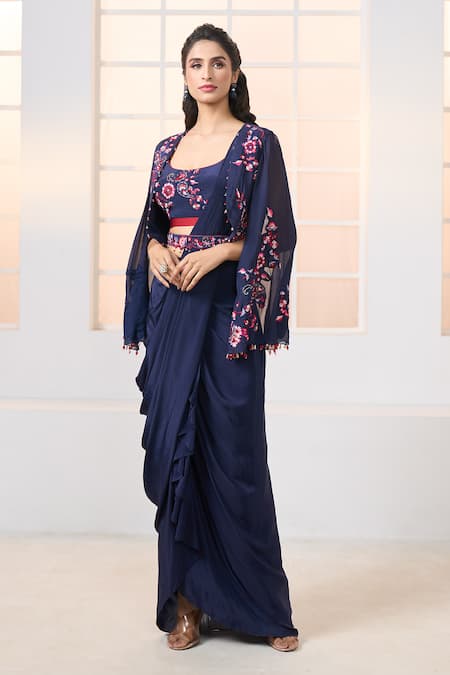 Buy_Aariyana Couture_Blue Crepe Embroidery, Sequins, Tassels, Floral Jacket With Draped Skirt Set