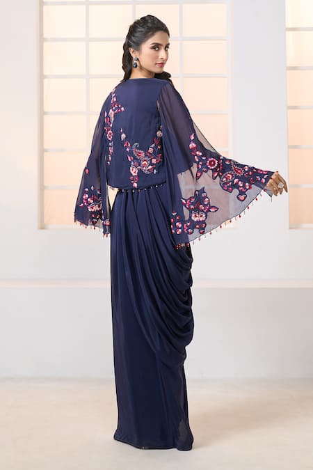 Shop_Aariyana Couture_Blue Crepe Embroidery, Sequins, Tassels, Floral Jacket With Draped Skirt Set
