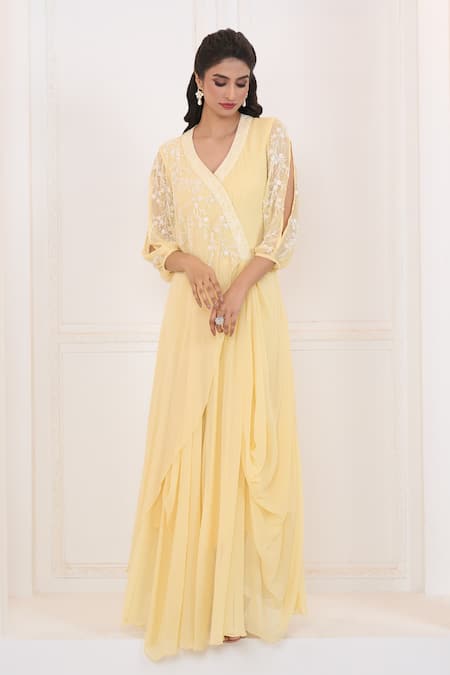 Aariyana Couture Yellow Viscose, Georgette Embroidery V-neck Floral Jaal Draped Tunic Online at Aza Fashions Aariyana Couture_Yellow Viscose, Georgette Embroidery V-neck Floral Jaal Draped Tunic_Online_at_Aza_Fashions