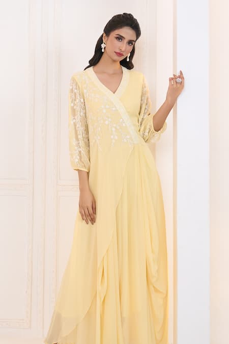 Buy Aariyana Couture Yellow Viscose, Georgette Embroidery V-neck Floral Jaal Draped Tunic Online at Aza Fashions Buy_Aariyana Couture_Yellow Viscose, Georgette Embroidery V-neck Floral Jaal Draped Tunic_Online_at_Aza_Fashions