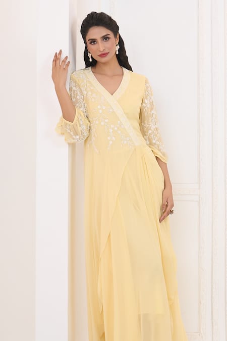 Shop Aariyana Couture Yellow Viscose, Georgette Embroidery V-neck Floral Jaal Draped Tunic Online at Aza Fashions Shop_Aariyana Couture_Yellow Viscose, Georgette Embroidery V-neck Floral Jaal Draped Tunic_Online_at_Aza_Fashions