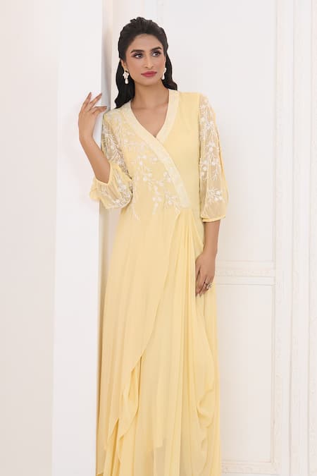 Aariyana Couture Yellow Viscose, Georgette Embroidery V-neck Floral Jaal Draped Tunic at Aza Fashions Aariyana Couture_Yellow Viscose, Georgette Embroidery V-neck Floral Jaal Draped Tunic_at_Aza_Fashions