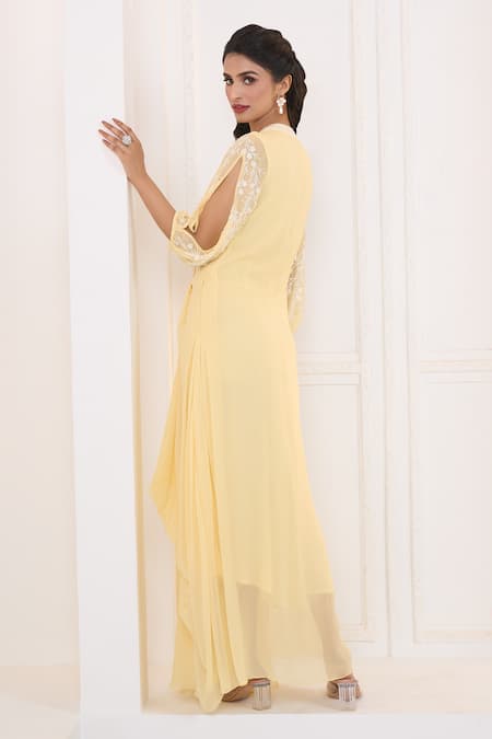 Buy Aariyana Couture Yellow Viscose, Georgette Embroidery V-neck Floral Jaal Draped Tunic Buy_Aariyana Couture_Yellow Viscose, Georgette Embroidery V-neck Floral Jaal Draped Tunic