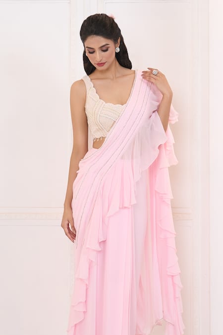 Buy_Aariyana Couture_Pink Silk, Viscose, Georgette Embroidery Pre-draped Ruffle Saree With Bustier _Online_at_Aza_Fashions