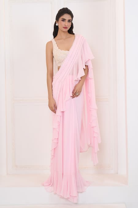 Shop_Aariyana Couture_Pink Silk, Viscose, Georgette Embroidery Pre-draped Ruffle Saree With Bustier _Online_at_Aza_Fashions