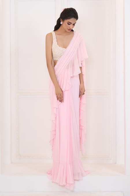 Aariyana Couture_Pink Silk, Viscose, Georgette Embroidery Pre-draped Ruffle Saree With Bustier _at_Aza_Fashions
