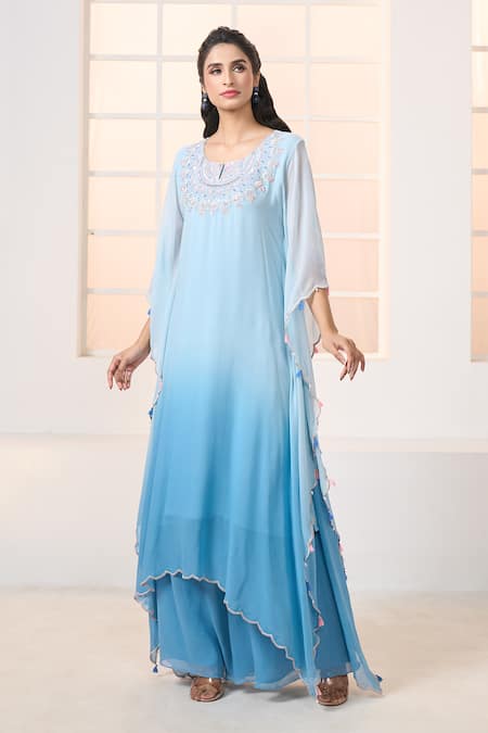 Aariyana Couture Blue Viscose, Georgette Tassels Round Neck Ombre Kaftan Tunic With Palazzo Online at Aza Fashions Aariyana Couture_Blue Viscose, Georgette Tassels Round Neck Ombre Kaftan Tunic With Palazzo_Online_at_Aza_Fashions