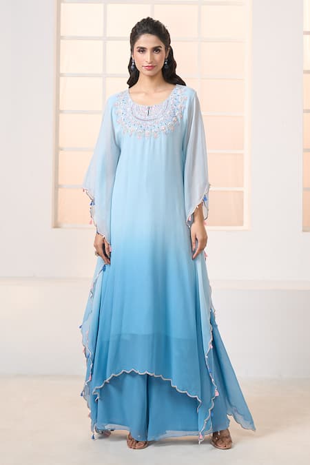 Buy Aariyana Couture Blue Viscose, Georgette Tassels Round Neck Ombre Kaftan Tunic With Palazzo Online at Aza Fashions Buy_Aariyana Couture_Blue Viscose, Georgette Tassels Round Neck Ombre Kaftan Tunic With Palazzo_Online_at_Aza_Fashions