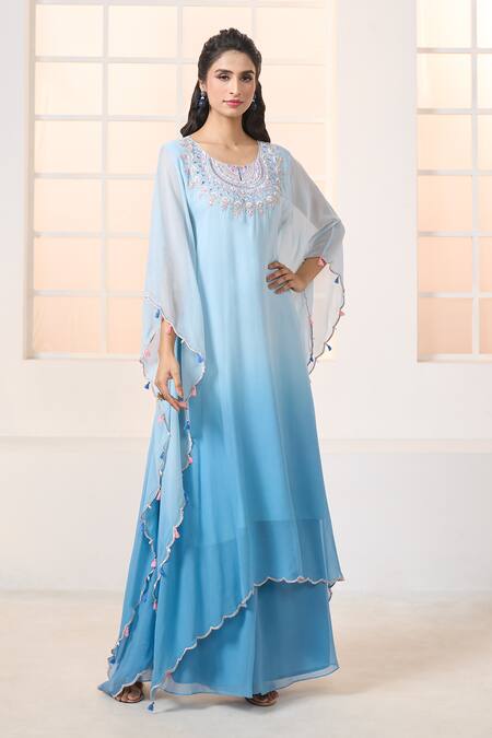 Shop Aariyana Couture Blue Viscose, Georgette Tassels Round Neck Ombre Kaftan Tunic With Palazzo Online at Aza Fashions Shop_Aariyana Couture_Blue Viscose, Georgette Tassels Round Neck Ombre Kaftan Tunic With Palazzo_Online_at_Aza_Fashions