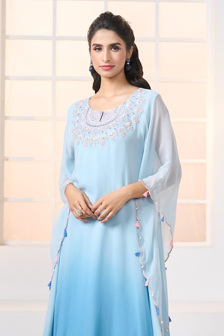 Aariyana Couture Blue Viscose, Georgette Tassels Round Neck Ombre Kaftan Tunic With Palazzo at Aza Fashions Aariyana Couture_Blue Viscose, Georgette Tassels Round Neck Ombre Kaftan Tunic With Palazzo_at_Aza_Fashions