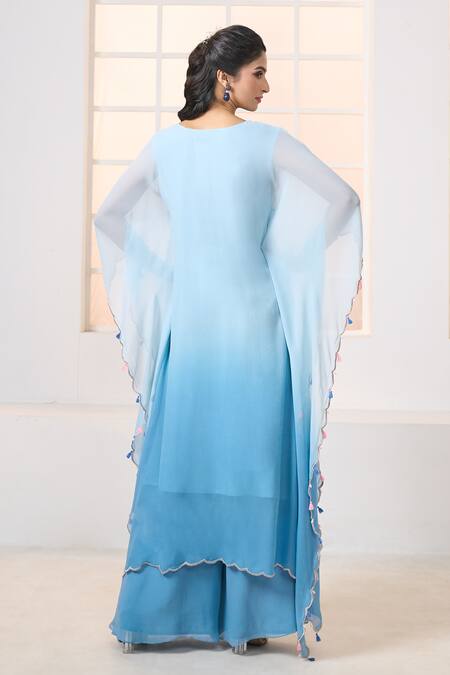 Shop Aariyana Couture Blue Viscose, Georgette Tassels Round Neck Ombre Kaftan Tunic With Palazzo at Aza Fashions Shop_Aariyana Couture_Blue Viscose, Georgette Tassels Round Neck Ombre Kaftan Tunic With Palazzo_at_Aza_Fashions