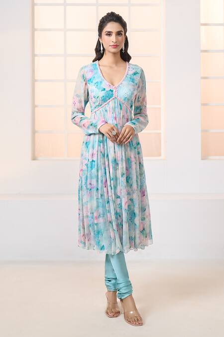 Aariyana Couture_Blue Viscose, Modal Embroidery V-neck Lily Print Anarkali Set_Online_at_Aza_Fashions
