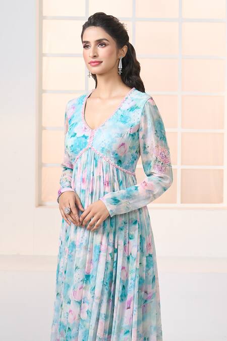 Buy_Aariyana Couture_Blue Viscose, Modal Embroidery V-neck Lily Print Anarkali Set_Online_at_Aza_Fashions