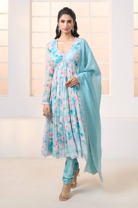Shop_Aariyana Couture_Blue Viscose, Modal Embroidery V-neck Lily Print Anarkali Set_Online_at_Aza_Fashions