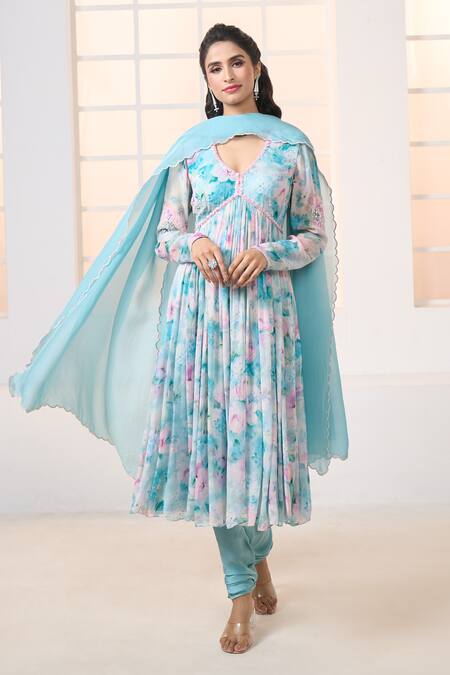 Aariyana Couture_Blue Viscose, Modal Embroidery V-neck Lily Print Anarkali Set_at_Aza_Fashions