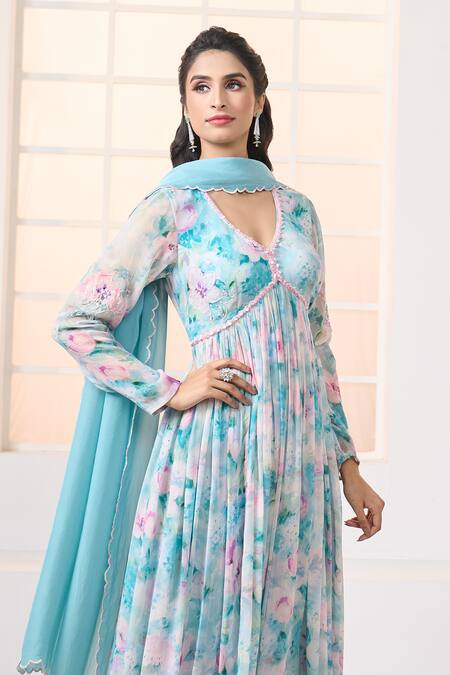 Buy_Aariyana Couture_Blue Viscose, Modal Embroidery V-neck Lily Print Anarkali Set