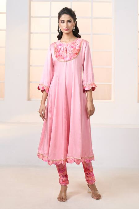 Aariyana Couture Pink Modal, Viscose Embroidery Round Placement Cherry Blossom Print Anarkali Set Online at Aza Fashions Aariyana Couture_Pink Modal, Viscose Embroidery Round Placement Cherry Blossom Print Anarkali Set_Online_at_Aza_Fashions