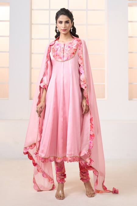Shop Aariyana Couture Pink Modal, Viscose Embroidery Round Placement Cherry Blossom Print Anarkali Set Online at Aza Fashions Shop_Aariyana Couture_Pink Modal, Viscose Embroidery Round Placement Cherry Blossom Print Anarkali Set_Online_at_Aza_Fashions