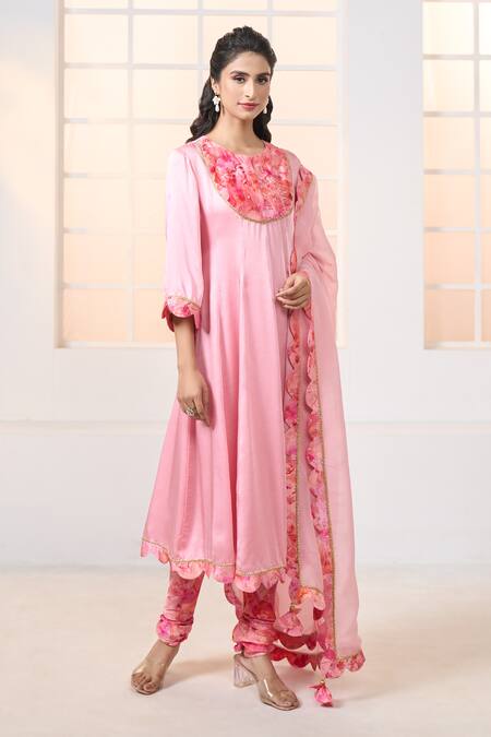 Buy Aariyana Couture Pink Modal, Viscose Embroidery Round Placement Cherry Blossom Print Anarkali Set Buy_Aariyana Couture_Pink Modal, Viscose Embroidery Round Placement Cherry Blossom Print Anarkali Set