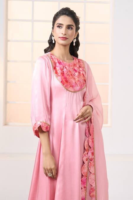 Shop Aariyana Couture Pink Modal, Viscose Embroidery Round Placement Cherry Blossom Print Anarkali Set Shop_Aariyana Couture_Pink Modal, Viscose Embroidery Round Placement Cherry Blossom Print Anarkali Set