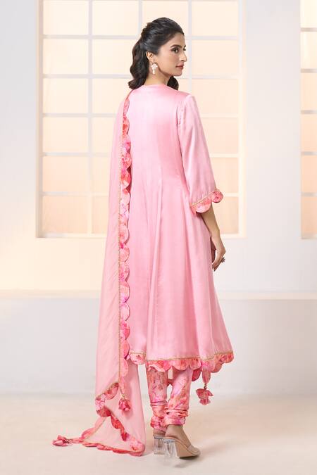 Shop Aariyana Couture Pink Modal, Viscose Embroidery Round Placement Cherry Blossom Print Anarkali Set at Aza Fashions Shop_Aariyana Couture_Pink Modal, Viscose Embroidery Round Placement Cherry Blossom Print Anarkali Set_at_Aza_Fashions