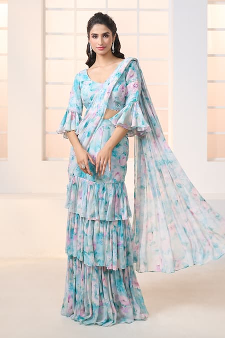 Aariyana Couture Blue Viscose Georgette Printed Pre-draped Ruffle Saree With Blouse 